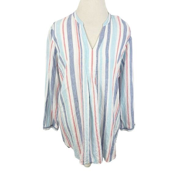 LL Bean 100% Linen Red White Blue Tunic Top Notch V-Neck L/S Popover Size XL - Picture 1 of 10